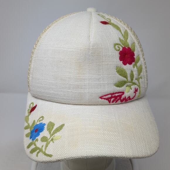Prana Snapback Trucker Hat Beige OS Adjustable Embroidered Floral Mesh Back - Picture 2 of 8
